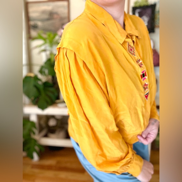 Vintage Silk Golden Rod Yellow Blouse With Embroidered Details Covered Buttons - Picture 3 of 7
